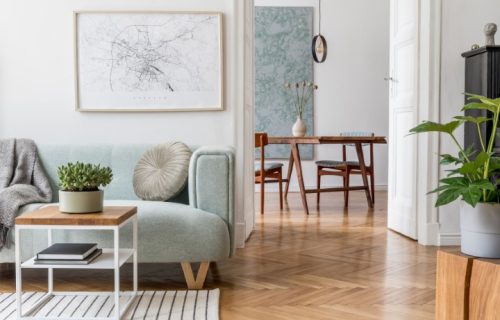 Stylish Scandinavian Living Room With Design Mint Sofa, Furnitur